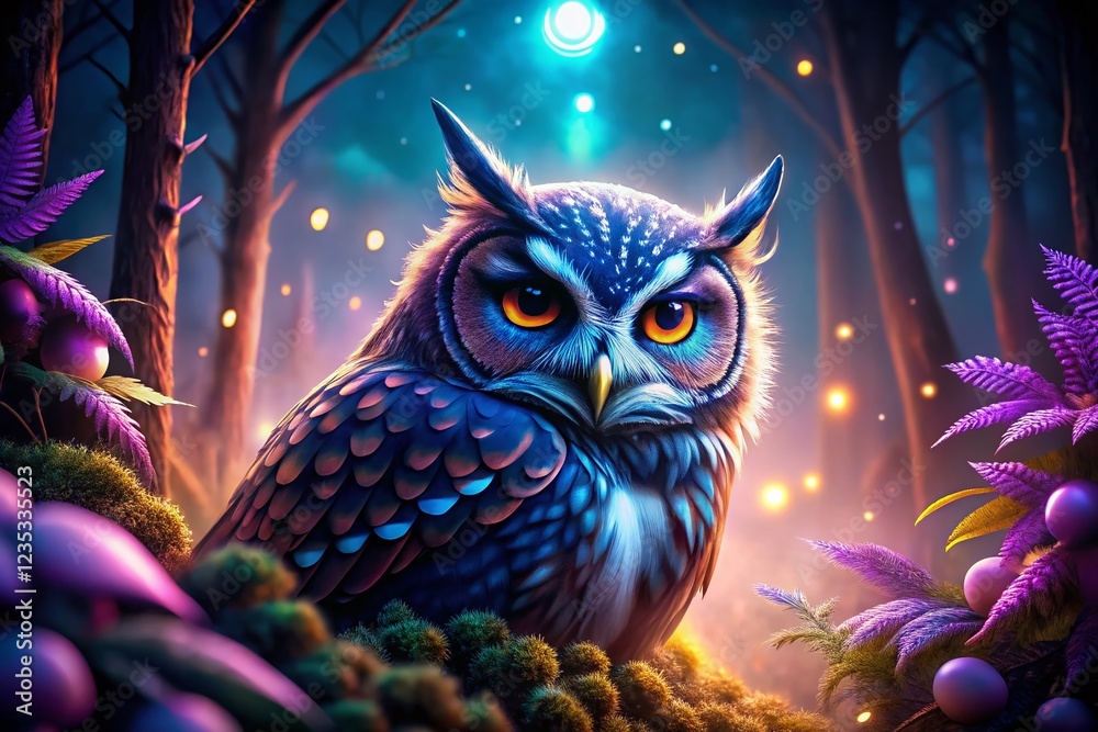 Naklejka premium Playful Winking Owl: Surreal Nighttime Forest Portrait