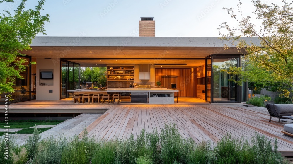 A modern home featuring a large wooden deck with an outdoor kitchen setup. A modern home featuring a large wooden deck with an outdoor kitchen setup.
