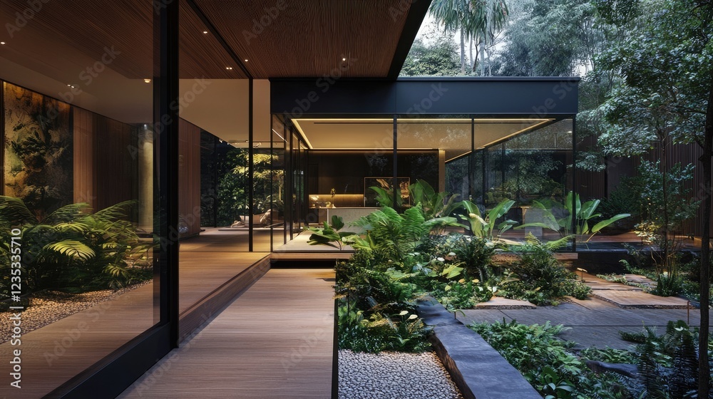 A modern home with a glass-walled atrium filled with lush indoor plants. A modern home with a glass-walled atrium filled with lush indoor plants.