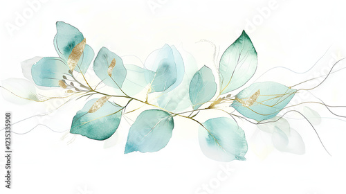 light white background with watercolor green leaves and gold lines, delicate ink painting, light emerald green and sky blue style, elegant flower arrangement, subtle gradient color scheme