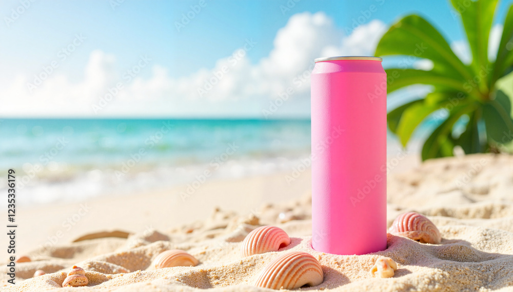Pink can mockup on a beach with seashells and palm trees for tropical beverage advertising and banners with copy space Pink can mockup on a beach with seashells and palm trees for tropical beverage advertising and banners with copy space