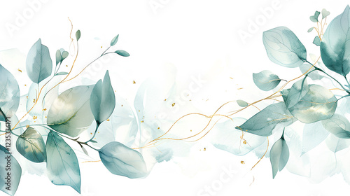 light white background with watercolor green leaves and gold lines, delicate ink painting, light emerald green and sky blue style, elegant flower arrangement, subtle gradient color scheme