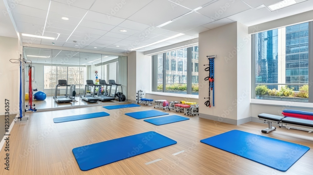 A multi-purpose fitness studio with options for yoga, pilates, and stretching. A multi-purpose fitness studio with options for yoga, pilates, and stretching.