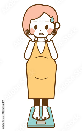 体重計に乗ってショックを受ける妊娠中の女性のイラスト