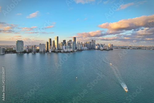 Aerial view of the Miami skyline at sunset from Biscayne Bay. Miami, Florida, USA. photo