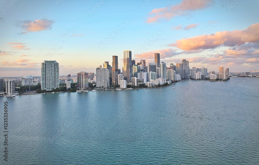 Fototapeta premium Aerial view of the Miami skyline at sunset from Biscayne Bay. Miami, Florida, USA.