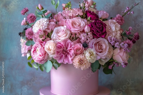 Lovely Pink Roses and Flowers in a Hat Box
