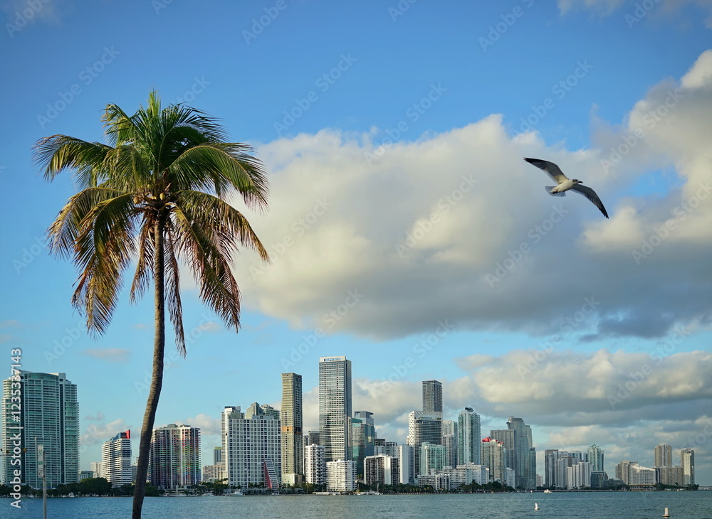 Naklejka premium View of the Miami skyline at sunset from Biscayne Bay. Miami, Florida, USA.
