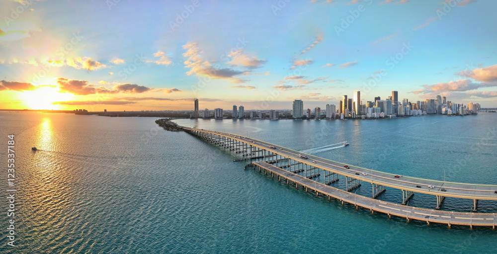 Fototapeta premium Aerial view of the Miami skyline at sunset from Biscayne Bay. Miami, Florida, USA.