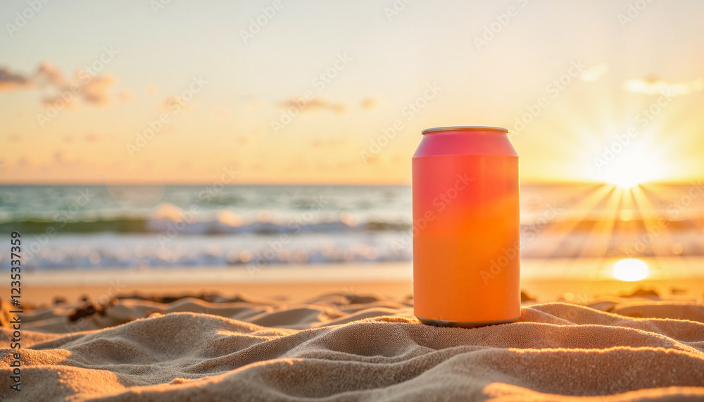 Vibrant orange can mockup on a sandy beach during sunset for tropical beverage advertising and banners Vibrant orange can mockup on a sandy beach during sunset for tropical beverage advertising and banners