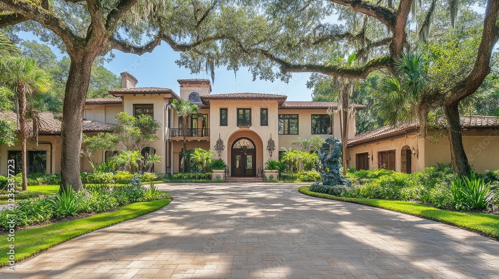 A private estate featuring a long, tree-lined driveway leading to a grand entrance. A private estate featuring a long, tree-lined driveway leading to a grand entrance.