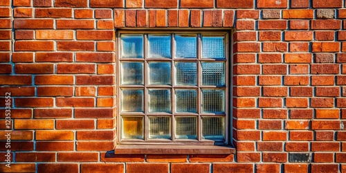 Red Brick Wall with Glass Block Window - Architectural Detail Stock Photo