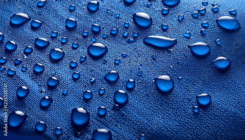 blue water droplets on a blue patterned and textured water proof fabric