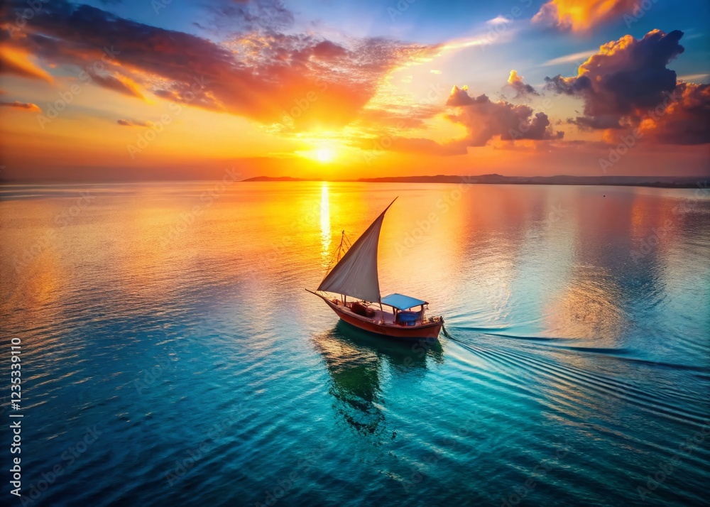Fototapeta premium Red Sea Sailing Adventure: Dhow Boat at Sunset, Rule of Thirds Composition