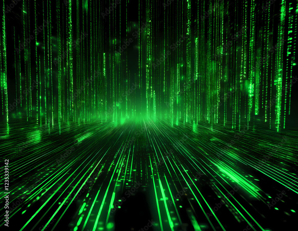 abstract digital matrix background with glitching green code raining down black screen representing cybersecurity hacking or artificial intelligence concepts