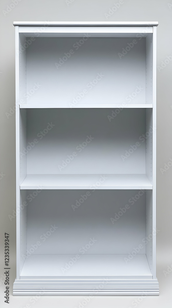 Empty White Bookcase Product Photography - Three Shelves, Clean Minimalist Design Empty White Bookcase Product Photography - Three Shelves, Clean Minimalist Design