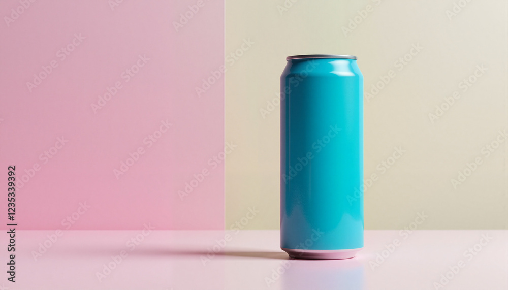 Minimalistic blue can mockup with a two-tone pastel background for beverage advertising and banners Minimalistic blue can mockup with a two-tone pastel background for beverage advertising and banners
