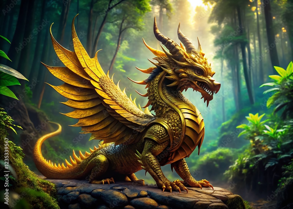 Fototapeta premium Regal Golden Dragon Statue Stands Majestically in Enchanting Forest