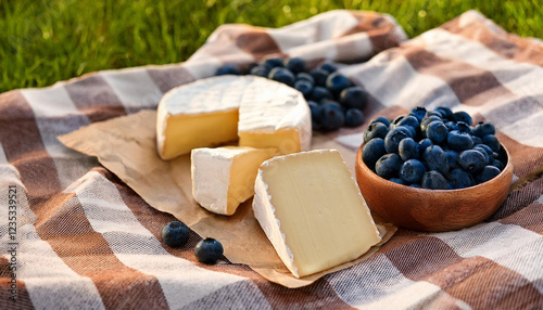 cheese and blueberries on a picnic blanket