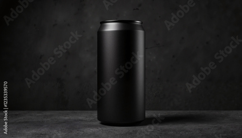 Matte black can mockup on a dark textured background for beverage advertising and banners with copy space