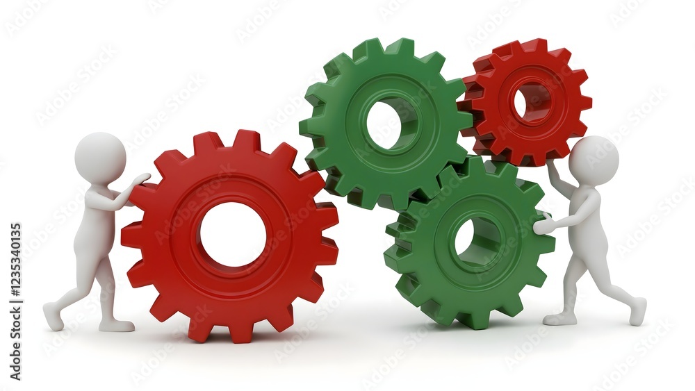 Two 3D figures pushing and pulling red and green gears, symbolizing cooperation, problem-solving and teamwork in a conceptual industrial or business environment with a white background Two 3D figures pushing and pulling red and green gears, symbolizing cooperation, problem-solving and teamwork in a conceptual industrial or business environment with a white background