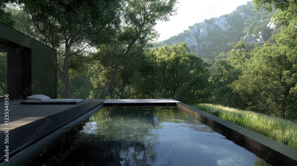 A sleek infinity pool overlooking a dense green forest and natural scenery. A sleek infinity pool overlooking a dense green forest and natural scenery.
