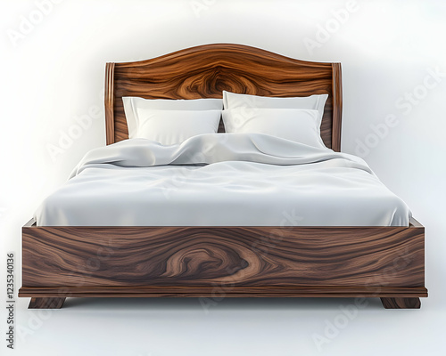3D Render of a Modern Wooden Bed with White Linens