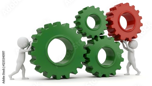 Two 3D humans working together to move large red and green gears, symbolizing teamwork, collaboration and problem-solving in a conceptual business or industrial setting on a white background