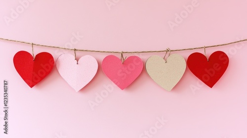 Red and pink paper hearts hanging on a string, pastel pink background.