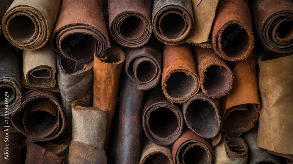 Rolled-up leather hides in various earthy tones, rustic brown background. Rolled-up leather hides in various earthy tones, rustic brown background.