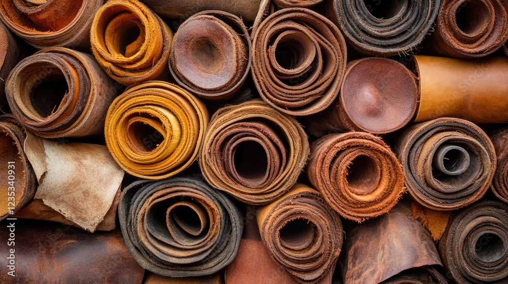 Rolled-up leather hides in various earthy tones, rustic brown background. Rolled-up leather hides in various earthy tones, rustic brown background.