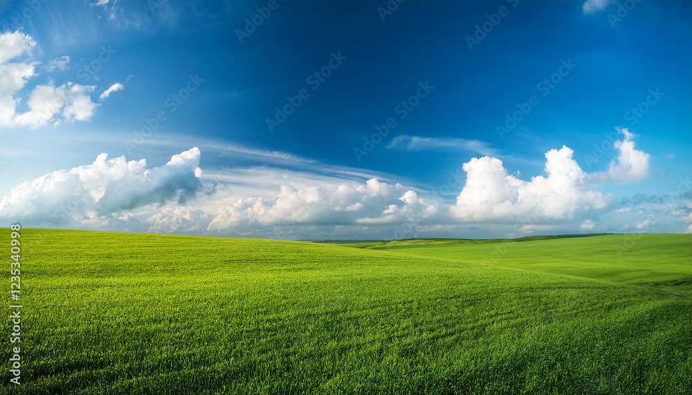 green grass field with blue skies and rolling clouds green grass field with blue skies and rolling clouds