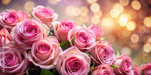 Romantic Pink Rose Bouquet Valentine's Day Background - Stock Photo