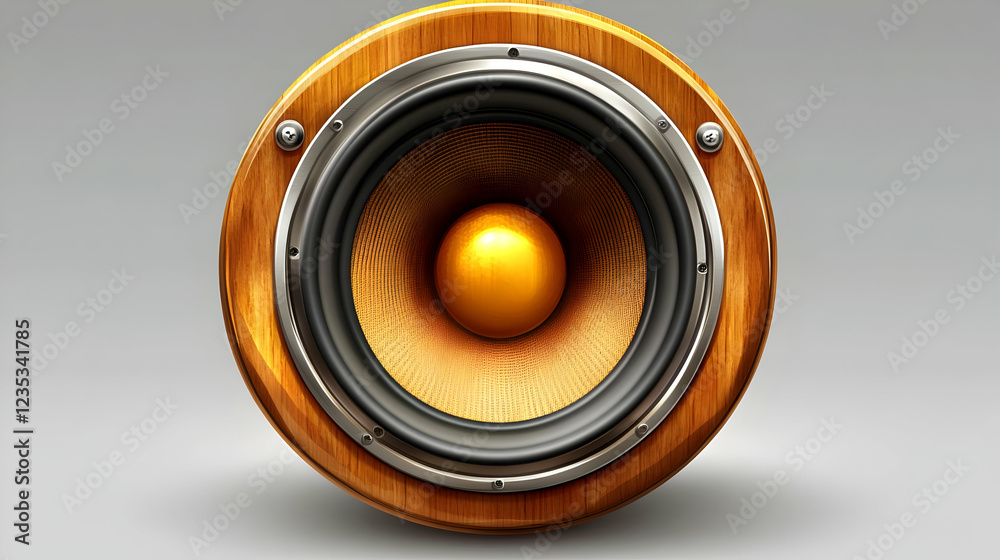 Golden Speaker Illustration: Wooden Surround, Metallic Accents, Detailed Audio Design
