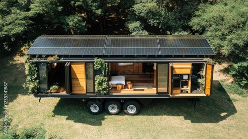 A tiny home using foldable solar panels for off-grid living.