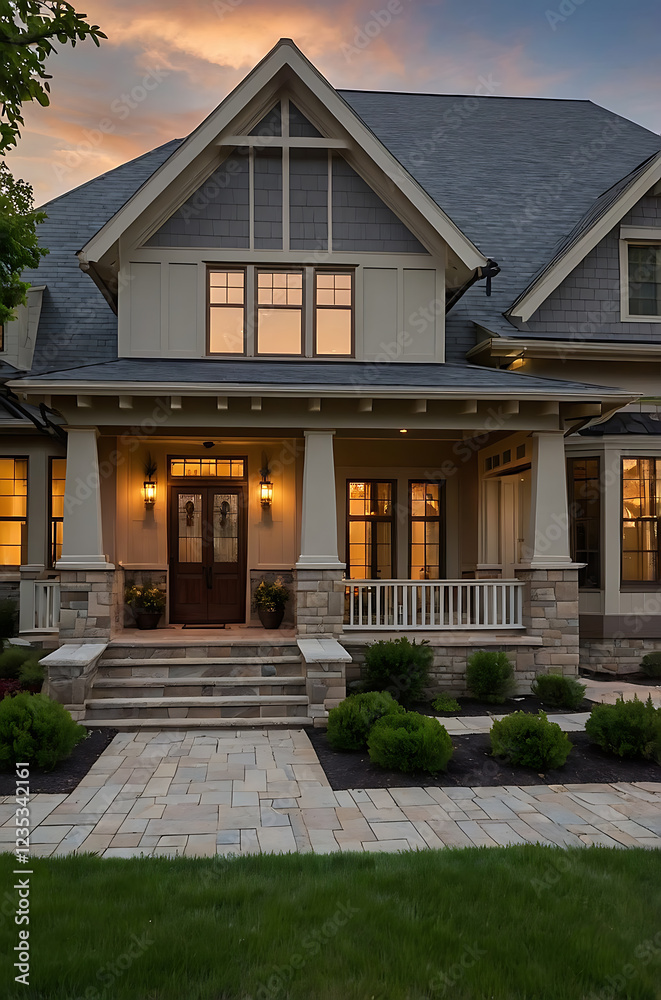 Luxury Modern Home Exterior at Dusk: Elegant Stone Facade, Landscaping, and Spacious Porch Design Luxury Modern Home Exterior at Dusk: Elegant Stone Facade, Landscaping, and Spacious Porch Design