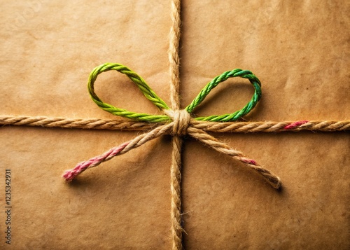 Rustic Kraft Paper Bow: Tied Twine or String Gift Wrap Detail Stock Photo photo