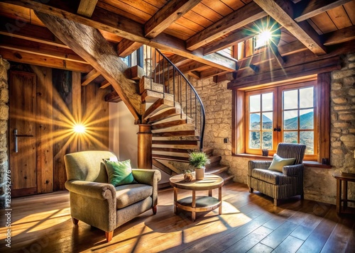 Rustic Maisonnette Interior: Cozy Wooden Beams, Spiral Staircase, Sunlight