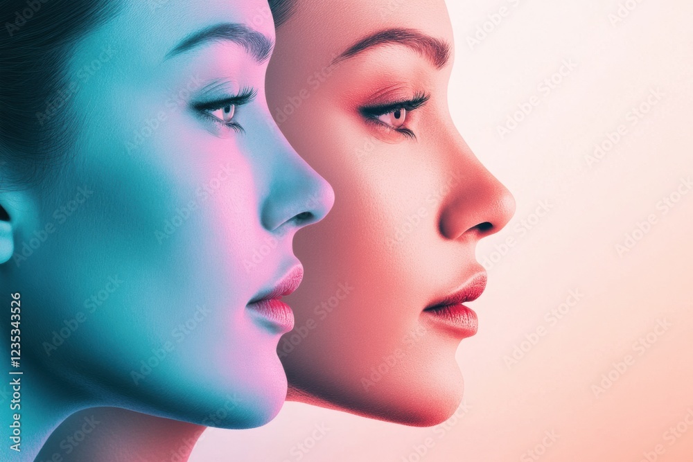 Fototapeta premium Comparison of youthful beauty and signs of aging in two distinct faces highlighted in artistic colors. Generative AI