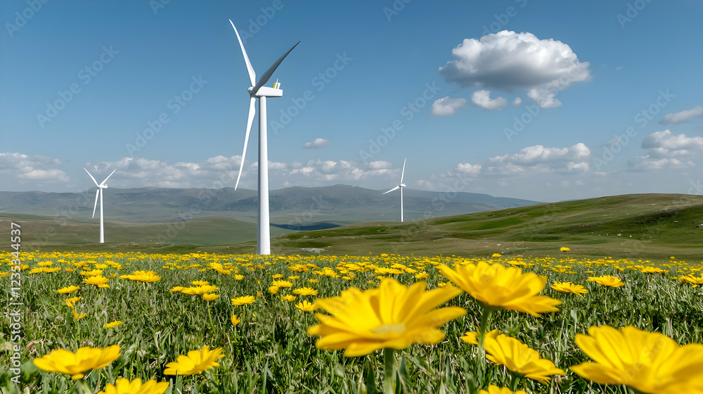Wind turbines in a yellow flower field, hills background. Green energy Wind turbines in a yellow flower field, hills background. Green energy