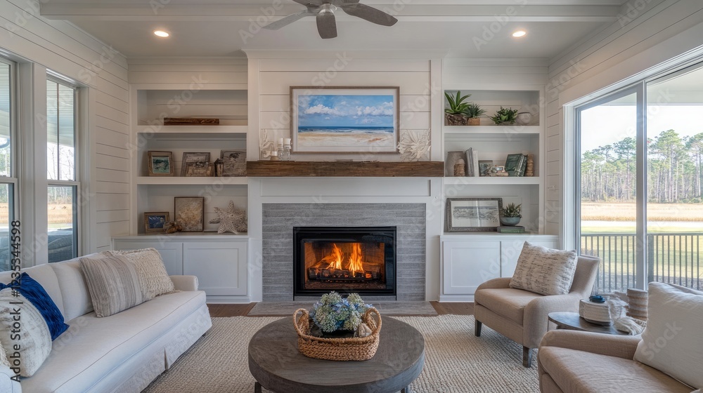 Fototapeta premium Cozy Coastal Living Room With Fireplace, Built-In Shelves, And Comfy Seating, Offering A Relaxed And Inviting Atmosphere.
