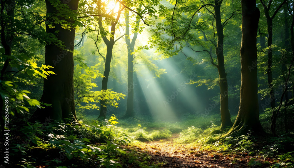 Fototapeta premium A breathtaking garden filled with vibrant, colorful flowers in full bloom, surrounded by lush greenery and towering trees. A winding stone path leads through the garden, with butterflies fluttering an