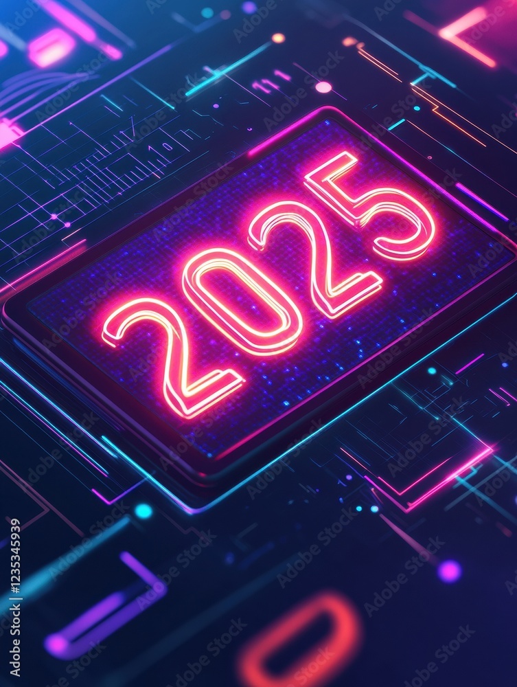 Futuristic digital calendar showcasing the year 2025 with vibrant neon lights and intricate circuitry. Generative AI Futuristic digital calendar showcasing the year 2025 with vibrant neon lights and intricate circuitry. Generative AI