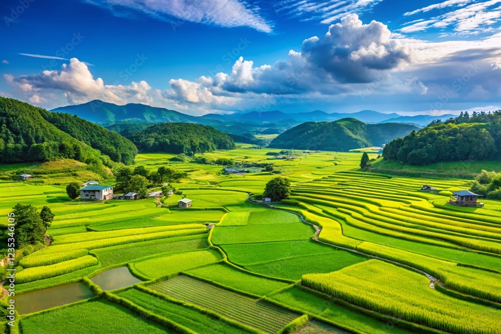 Fototapeta premium Serene Japanese Rice Paddies: Panoramic View of Lush Green Fields Under a Blue Sky