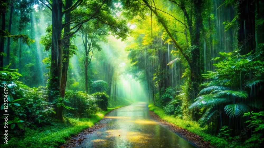 Obraz premium Serene Rain-Soaked Path through Verdant Forest