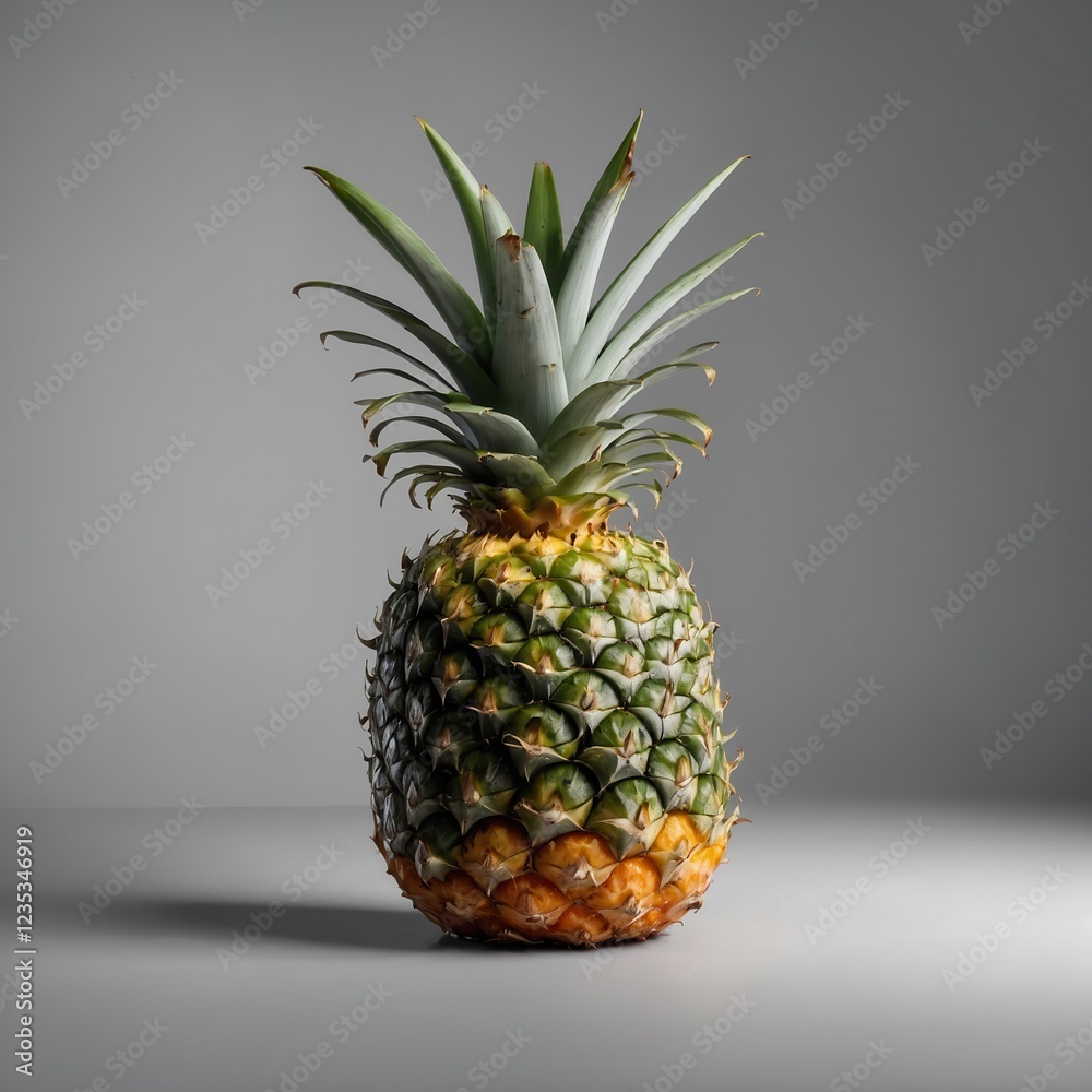 A single pineapple sits on a gray surface, its vibrant colors and textures highlighted by the studio lighting. A single pineapple sits on a gray surface, its vibrant colors and textures highlighted by the studio lighting.