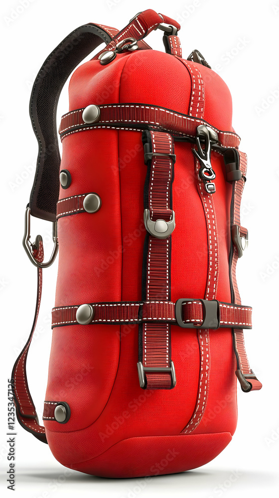 Fototapeta premium Red Leather Backpack 3D Render Illustration: Stylish Travel Bag Design with Multiple Straps and Metal Accents