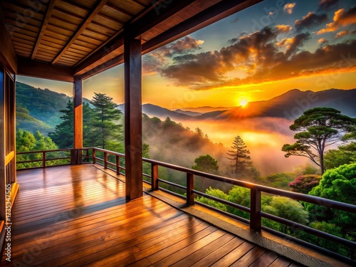 Serene Zen Porch Panorama: Misty Forest Sunset