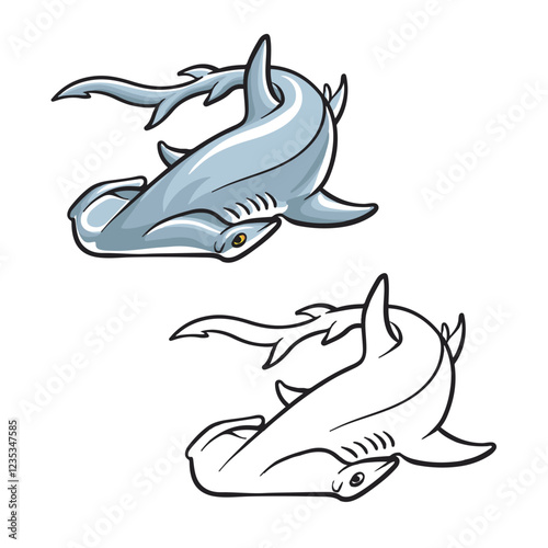 hammerhead shark drawing with line art. Simple design. Isolated on white background. Vector illustration
