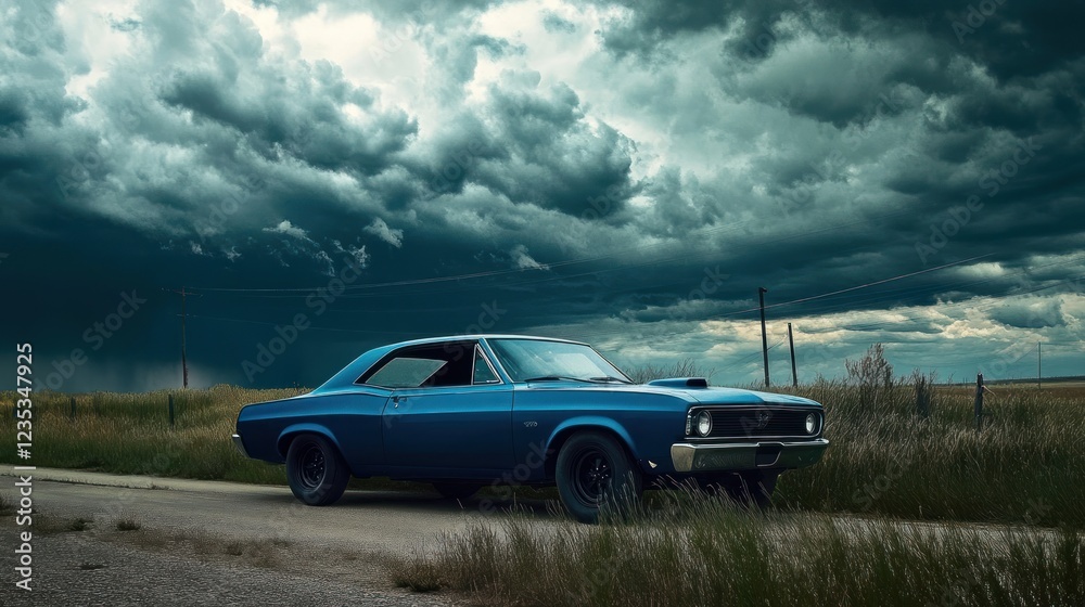 Fototapeta premium A Classic Blue Muscle Car Under a Stormy Sky